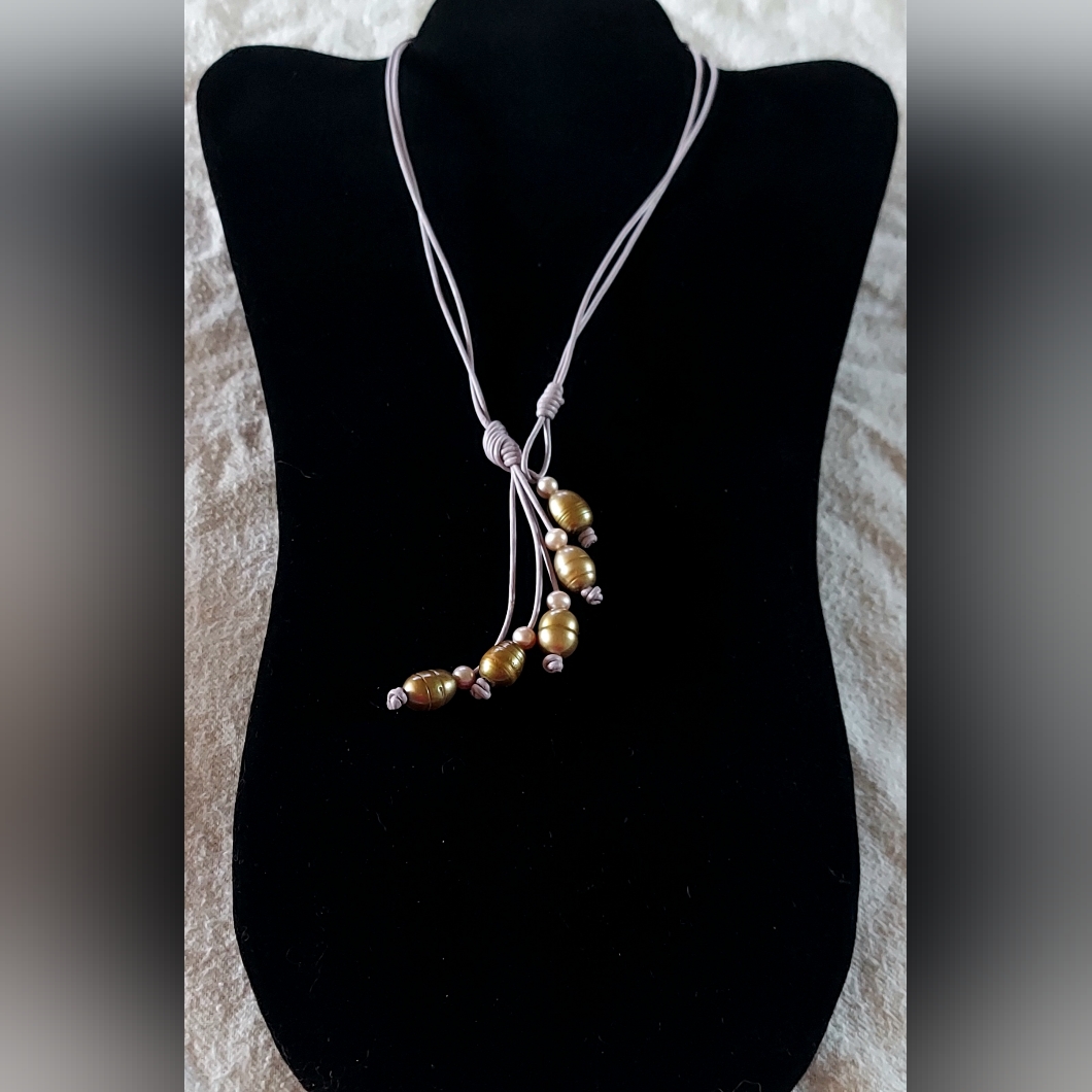 Handmade Lime Green & Lt. Pink Pearl & Lavender Leather 2-Way Necklace